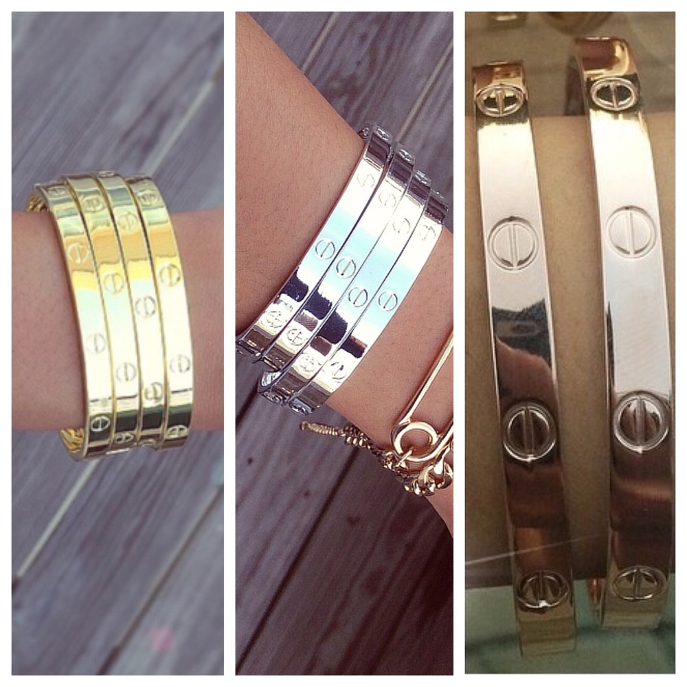 Love bracelet bundle set of 3, gold, silver, and rose gold tones.